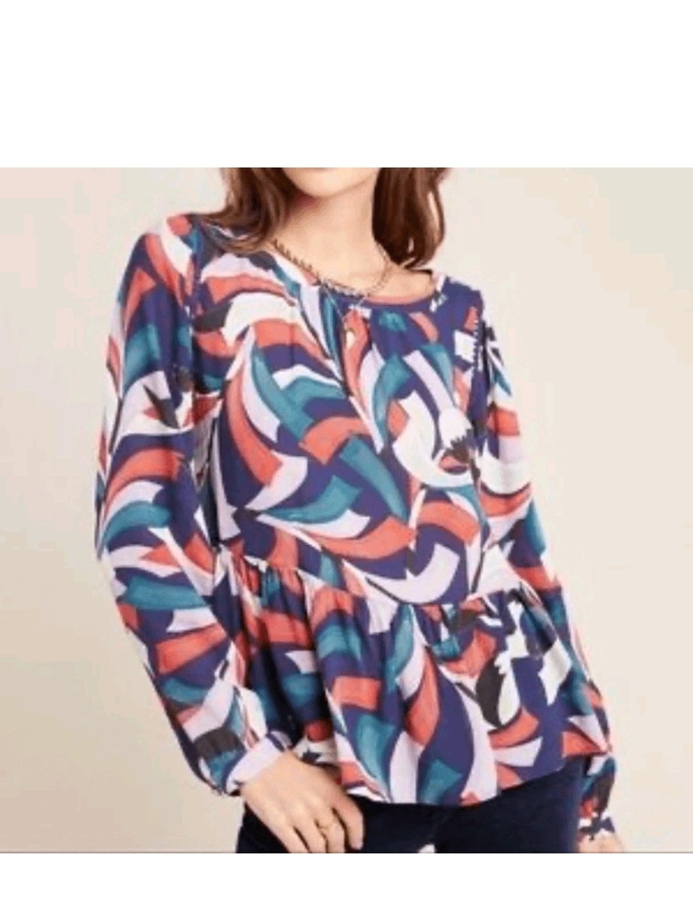 Maeve by Anthropologie Navy Multi Bird Abstract-Print Peplum Blouse-XS